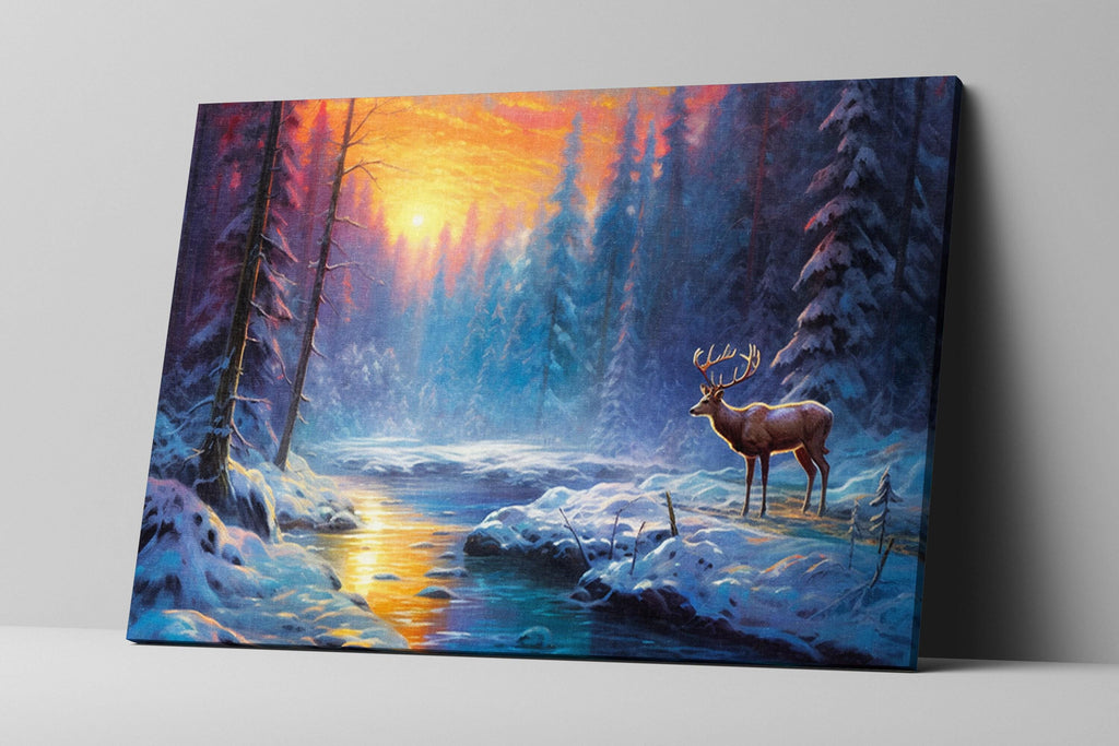 Winter Elk Canvas Art - Large Giclee Print | Rustic Winter Landscape Decor