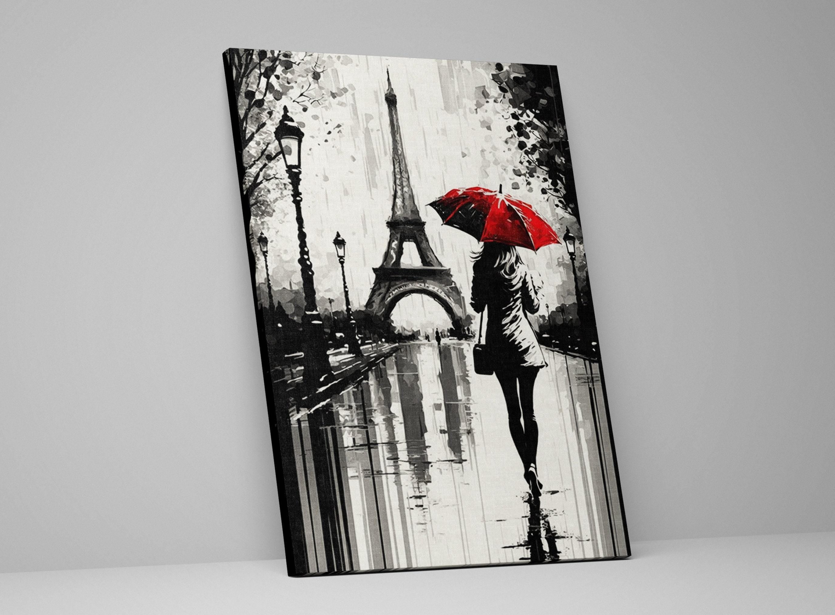 Paris Street Canvas – Woman with Red Umbrella | Black and White Art with Touch of Red