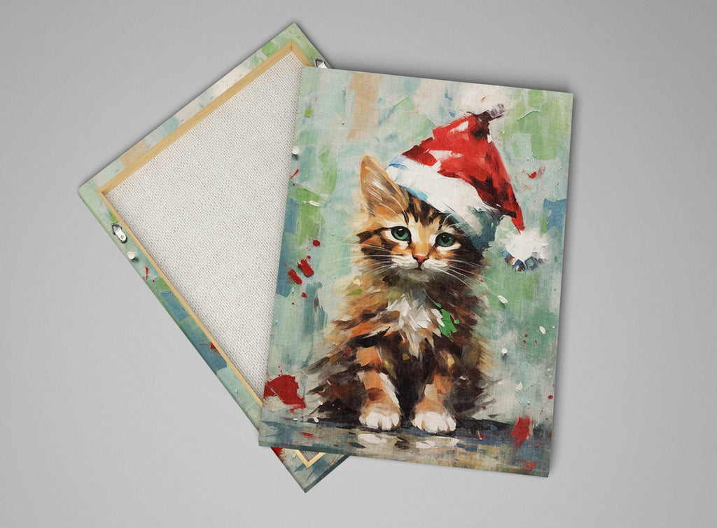 Santa Hat Kitten Painting - Festive Christmas Canvas Art | Gallery Wrapped Giclee Print