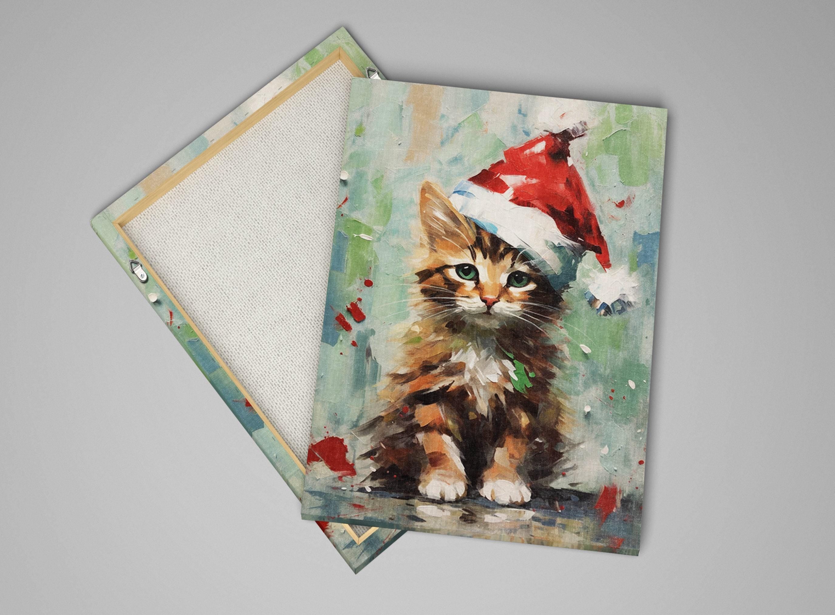 Santa Hat Kitten Painting - Festive Christmas Canvas Art | Gallery Wrapped Giclee Print