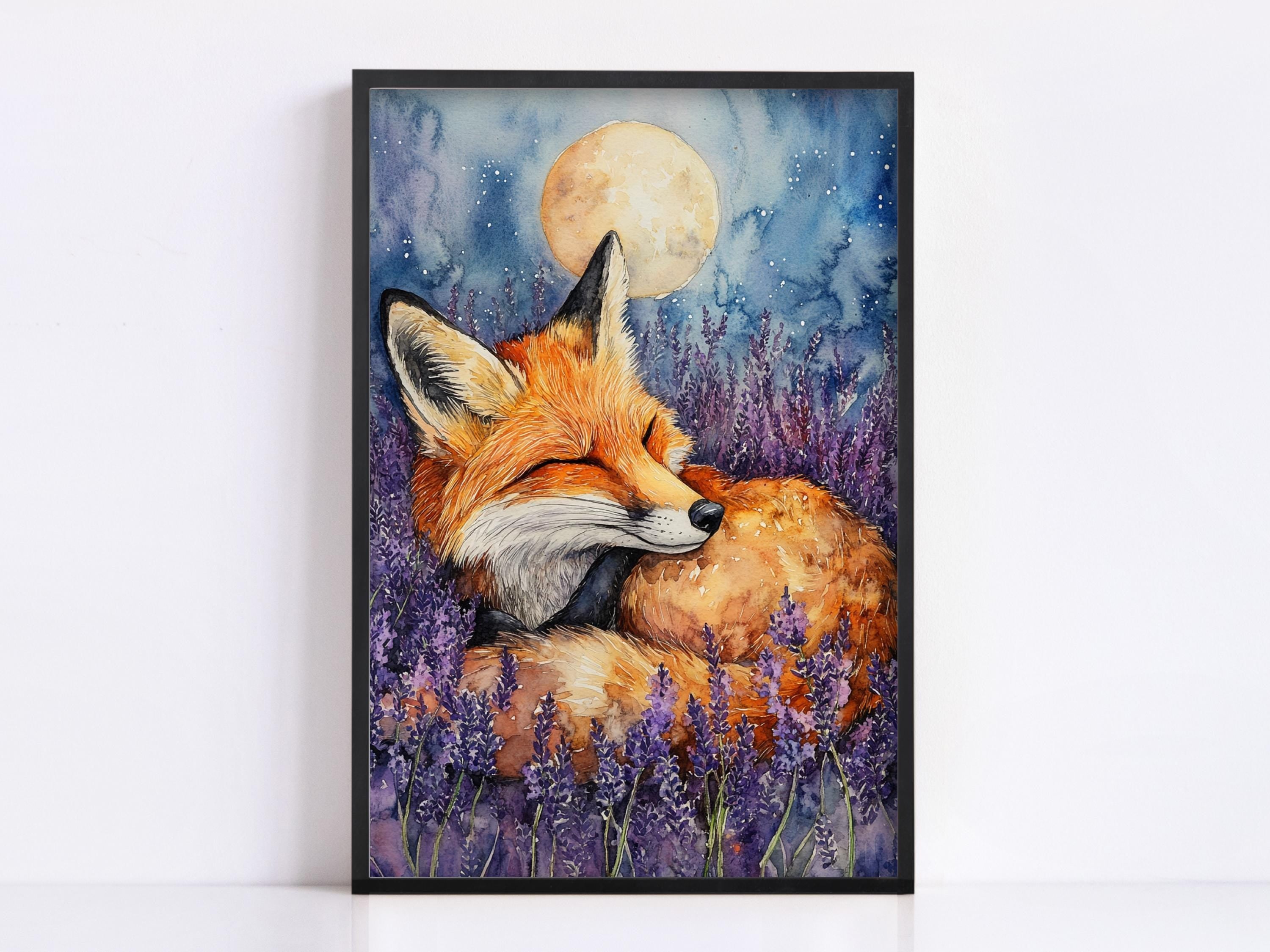 A framed painting depicting a sleeping fox in a field of purple flowers, with a full moon in the background.