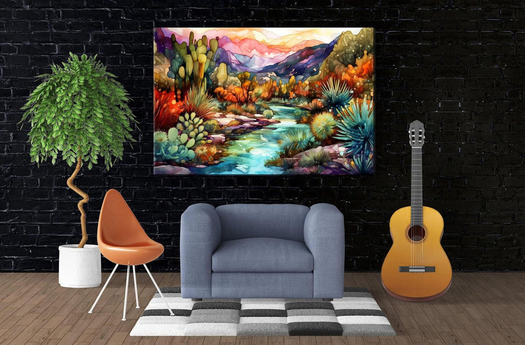 a modern living room with a large, colorful painting of a desert landscape hanging on the wall. The painting features a river, mountains, and various desert plants and animals. In the room, there is a gray armchair, a potted plant, and a guitar, creating a cozy and artistic atmosphere.