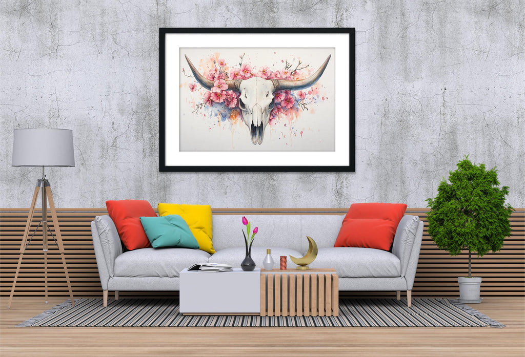 a modern living room with a gray sofa adorned with colorful throw pillows, a wooden coffee table, and a framed artwork of a bull's skull with pink flowers hanging above it.