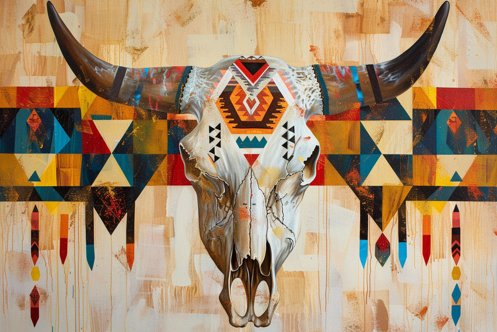 Tribal Cow Skull Art - Native Longhorn Canvas | Large Gallery Wrapped Wall Decor