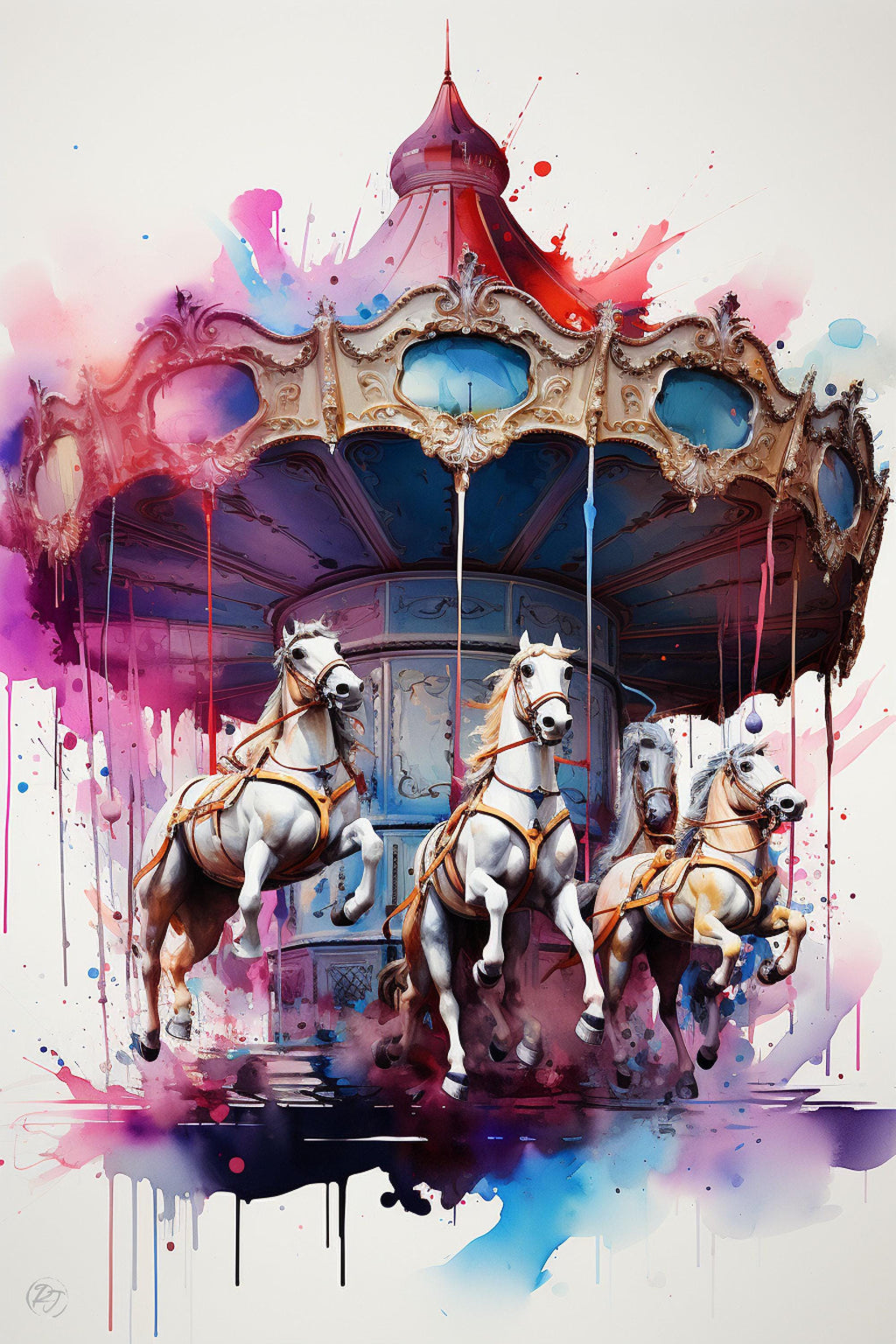 Whimsical Carousel: Watercolor Carnival Wall Art, Giclee Print on Canvas, Artist Paper, Watercolor Paper, Available in Extra Large Sizes