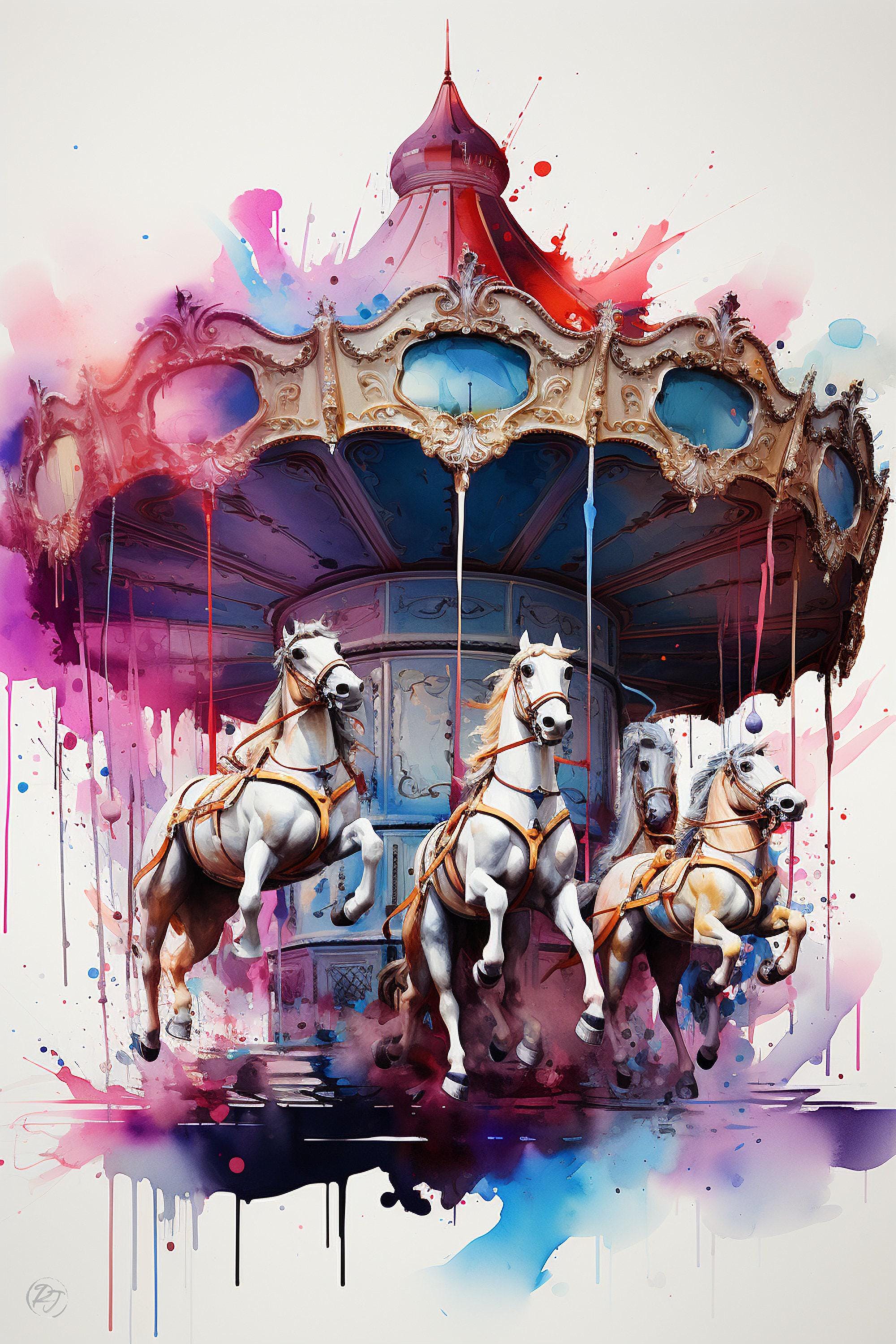 Whimsical Carousel: Watercolor Carnival Wall Art, Giclee Print on Canvas, Artist Paper, Watercolor Paper, Available in Extra Large Sizes