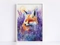 A framed painting depicting a sleeping fox surrounded by a field of purple flowers.