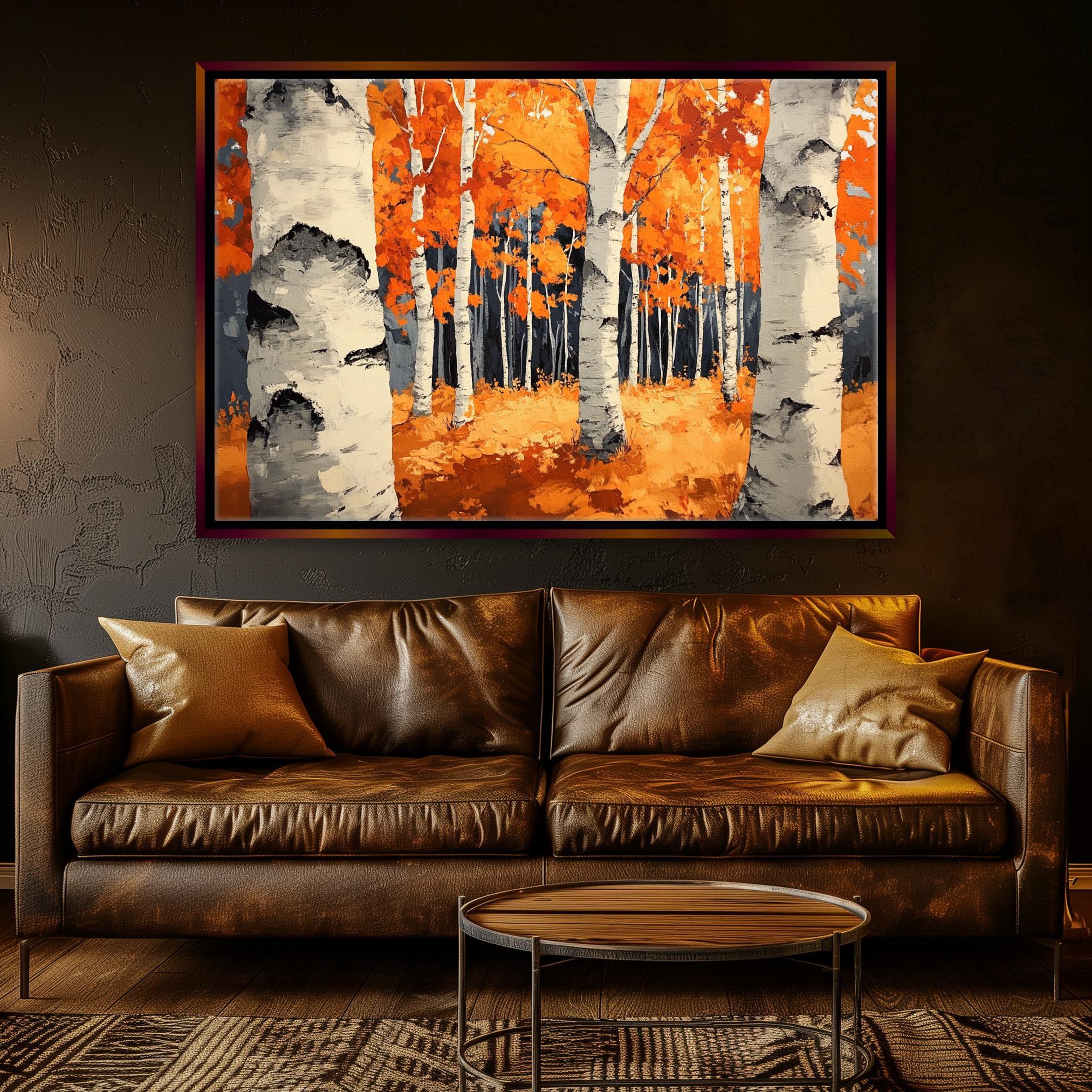 Birch Trees Wall Art – Extra Large Canvas | Framed Fall Colors Painting, Ready to Hang