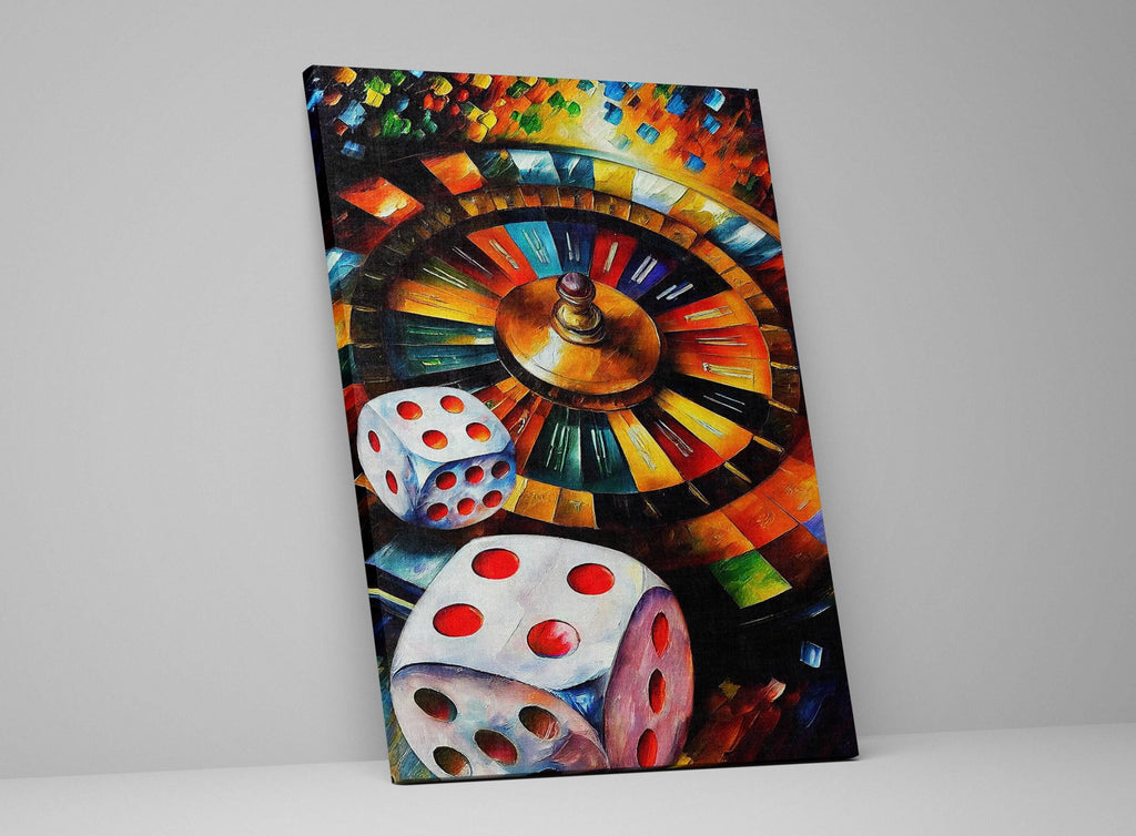 Gambling Canvas Art – Roulette Wheel Print With Dice Wall Art On Wooden Frame
