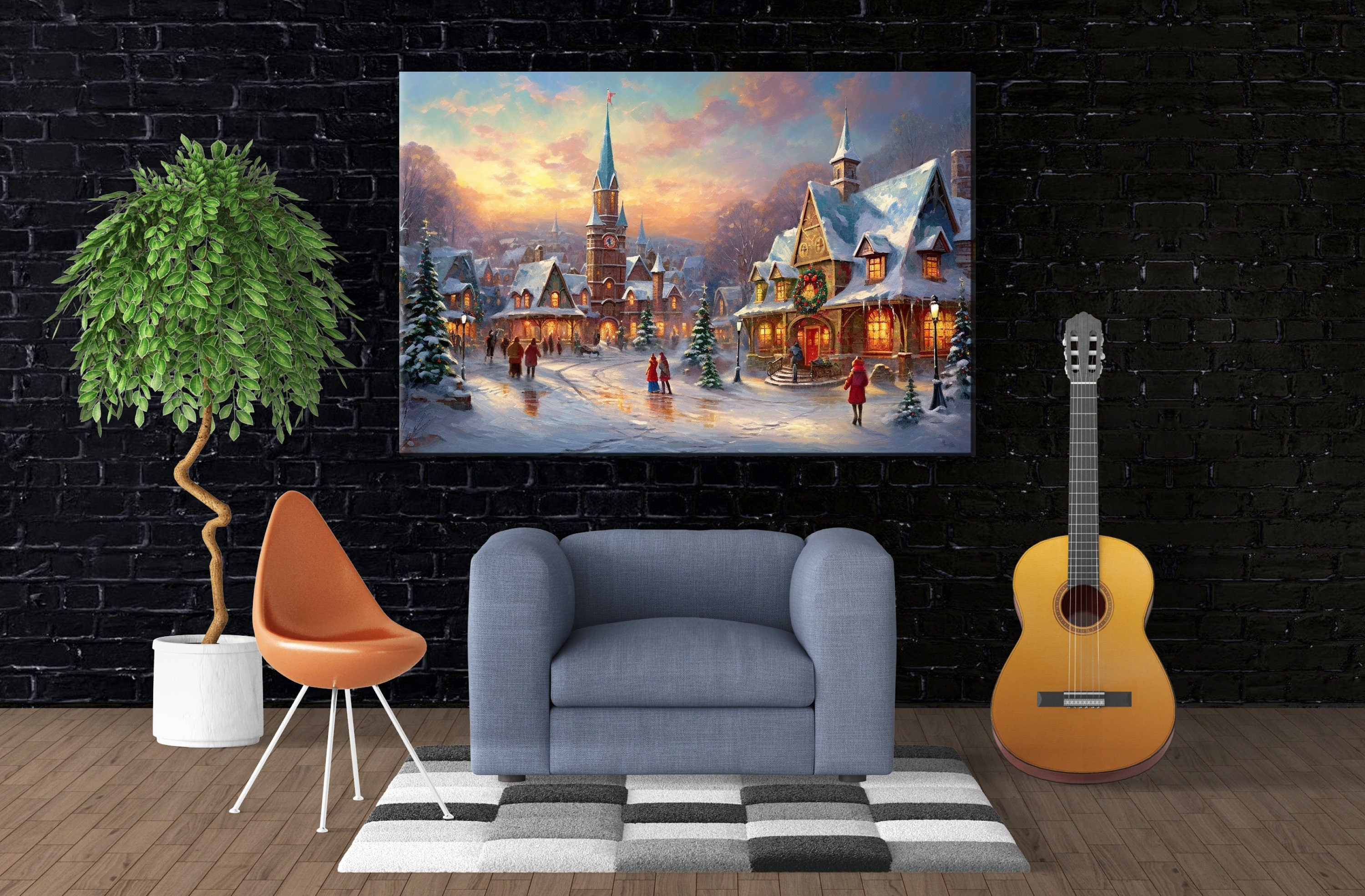 Victorian Christmas Wall Art - Vintage Christmas Village on Gallery Wrapped Canvas, Large Holiday Decor