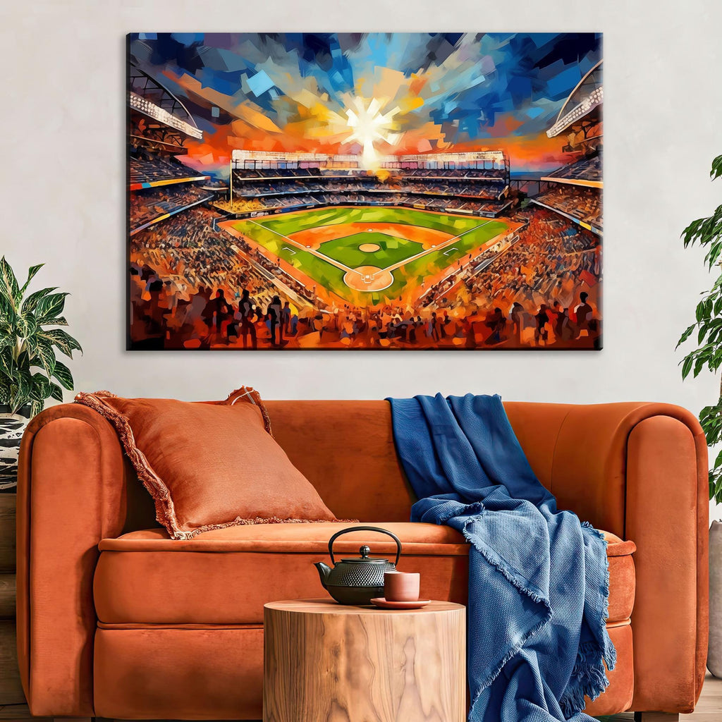 a vibrant and colorful painting of a baseball stadium, with a large crowd of spectators filling the stands. The painting is hung on a wall above a cozy living room setting, featuring a comfortable couch and a wooden side table.