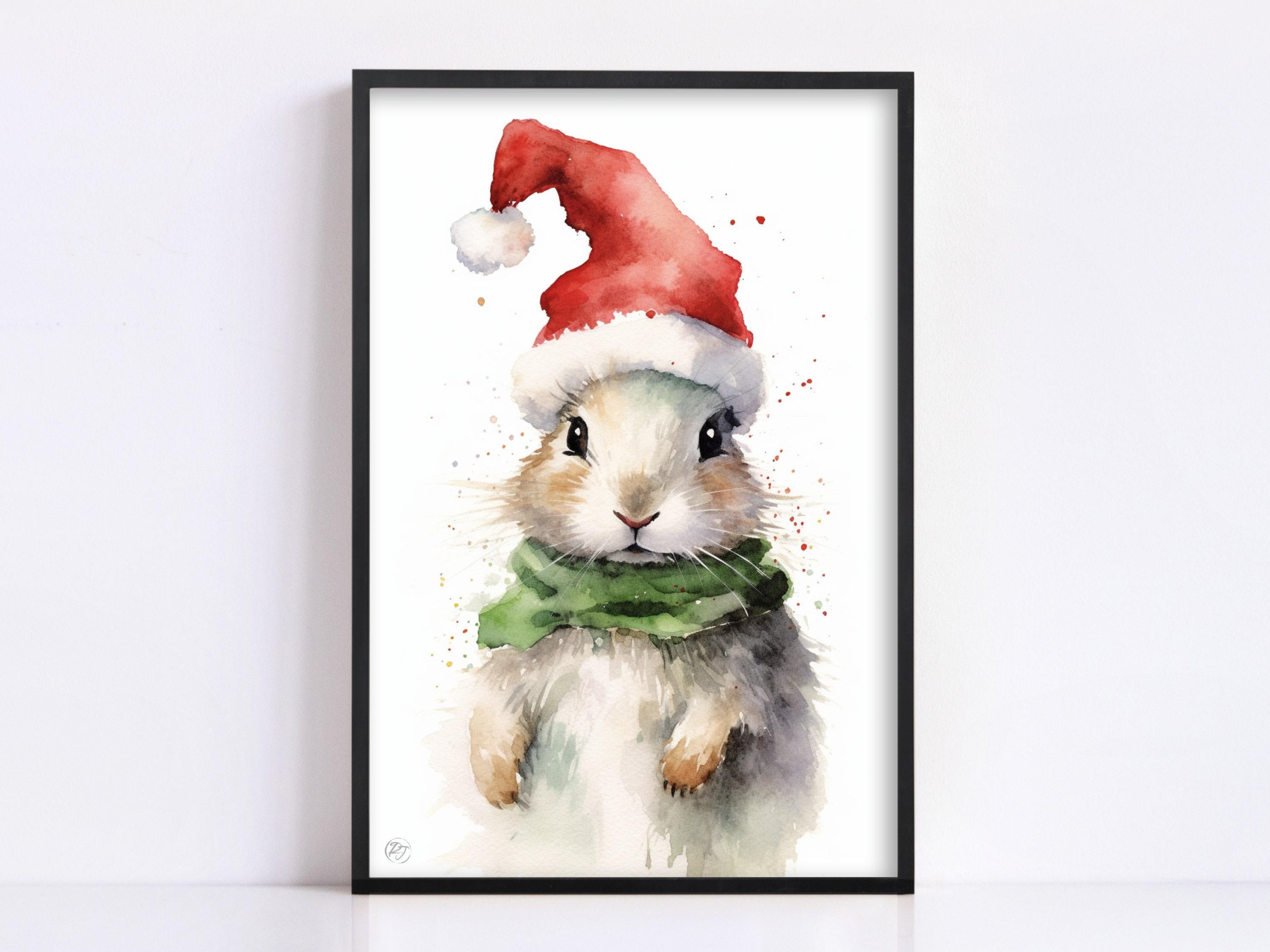 Festive Bunny in Santa Hat Watercolor Art Print, Giclee Print on Canvas, Artist Paper, Watercolor Paper, Available in Extra Large Sizes