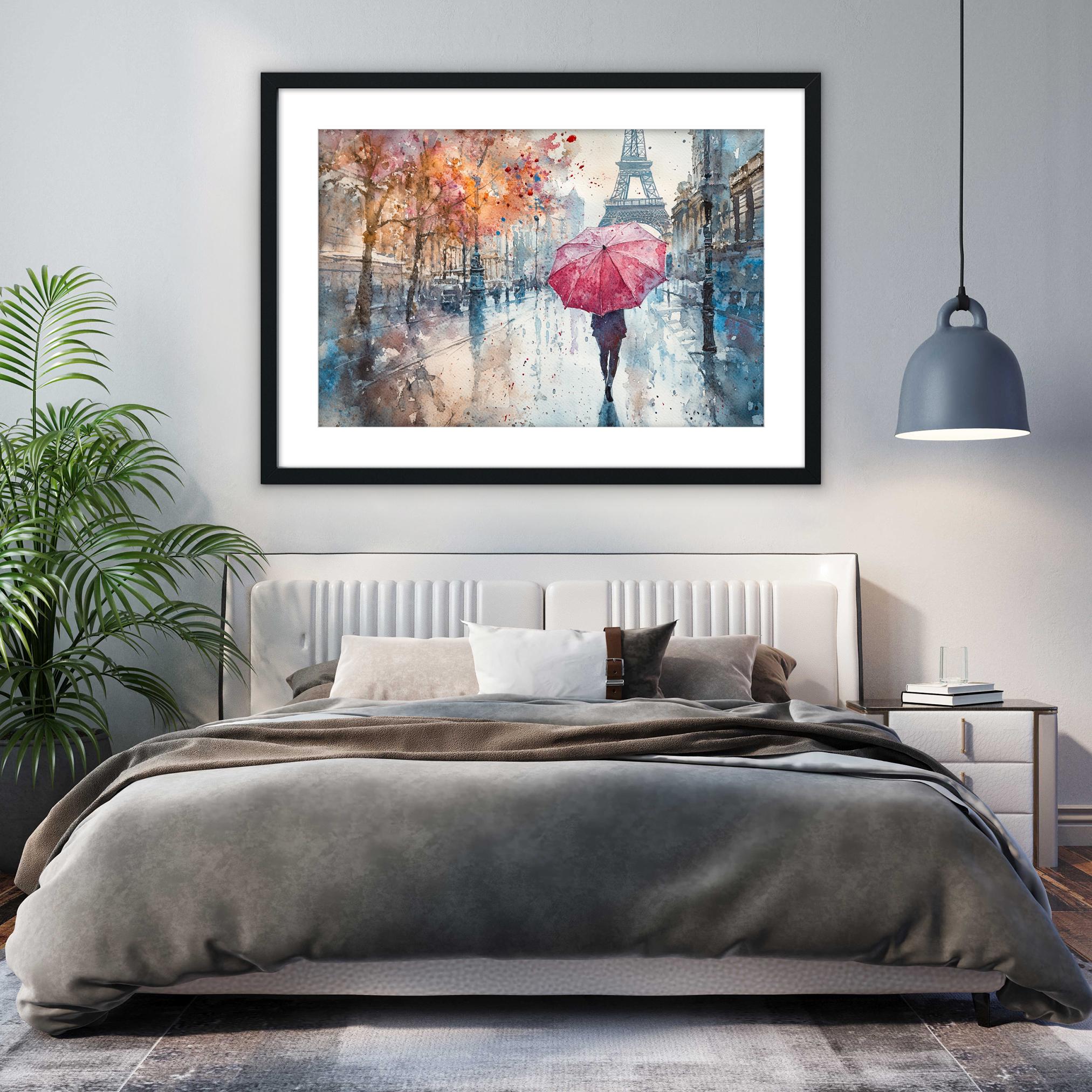a serene bedroom scene with a large bed, a framed painting of a person walking with a red umbrella, and a potted plant on the left side of the room.