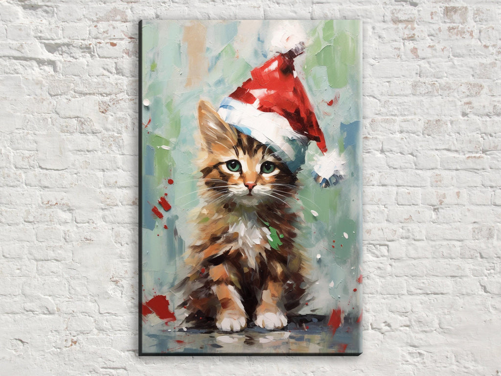 Santa Hat Kitten Painting - Festive Christmas Canvas Art | Gallery Wrapped Giclee Print
