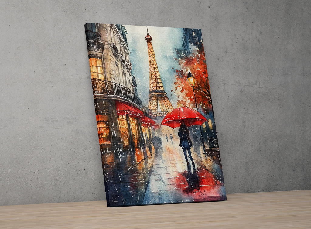 The image is a painting depicting a rainy day in Paris, with the Eiffel Tower visible in the background.