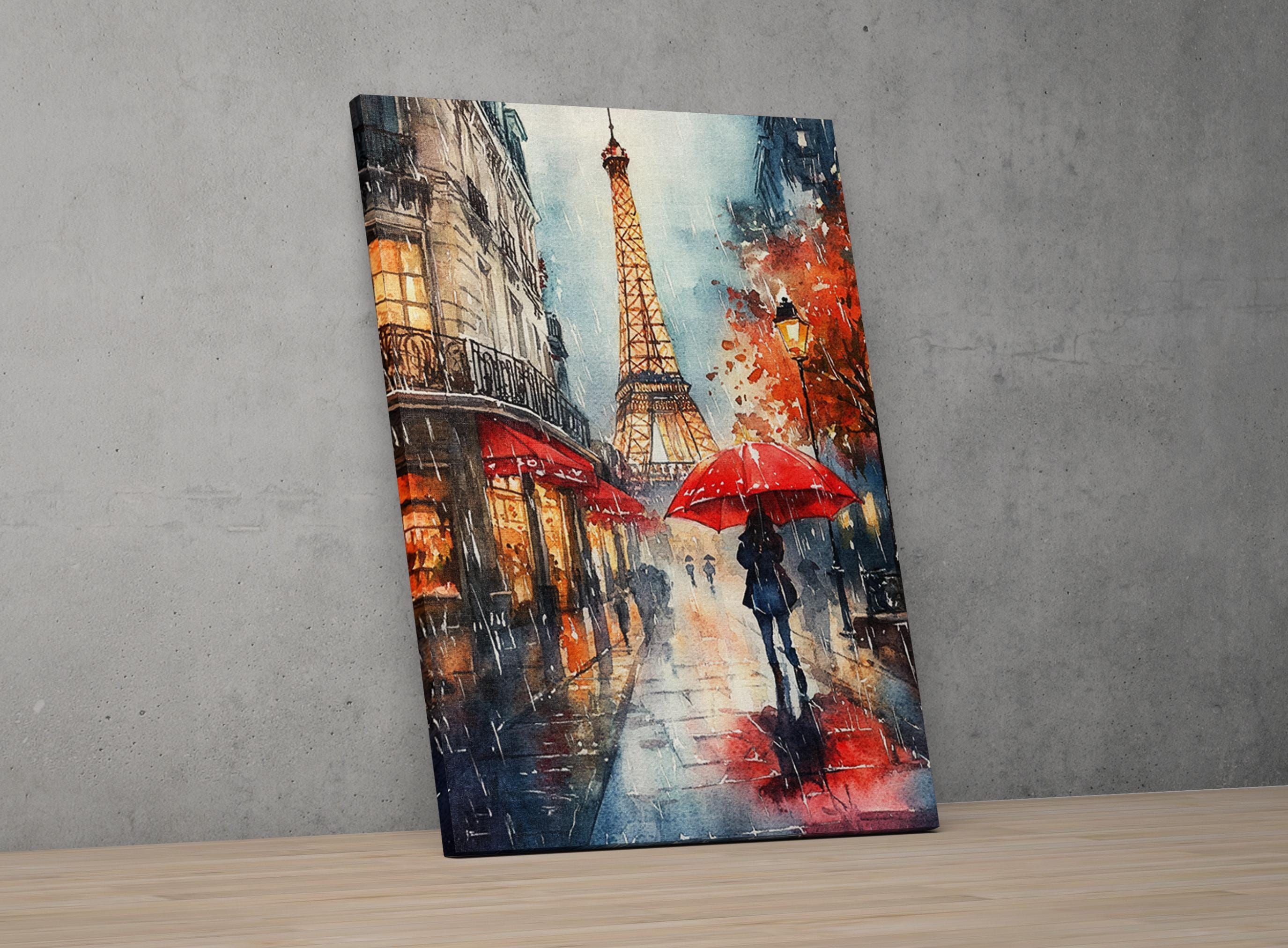 The image is a painting depicting a rainy day in Paris, with the Eiffel Tower visible in the background.