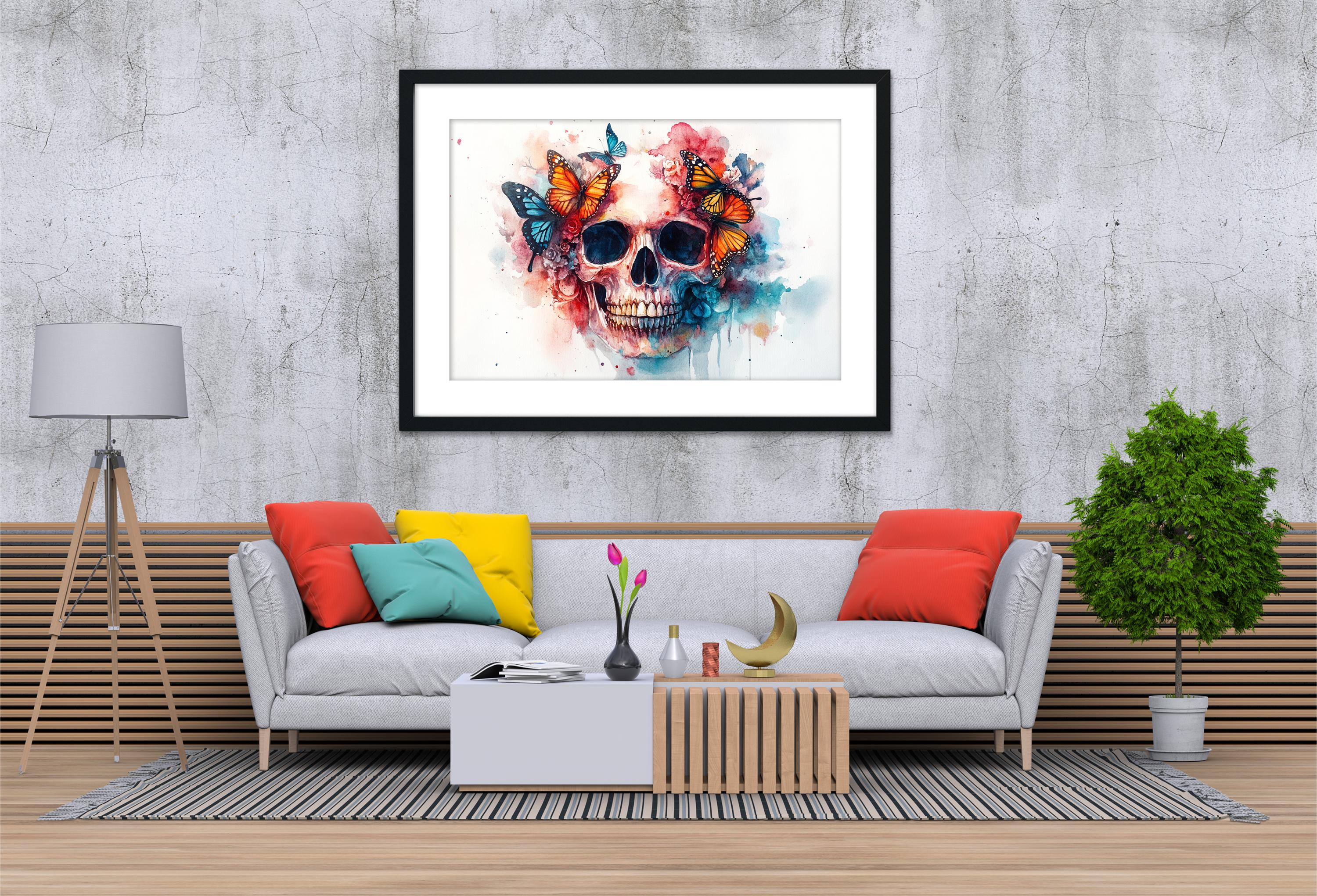 a modern living room with a gray sofa, a wooden coffee table, and a framed artwork of a skull with butterflies hanging on the wall above the sofa.