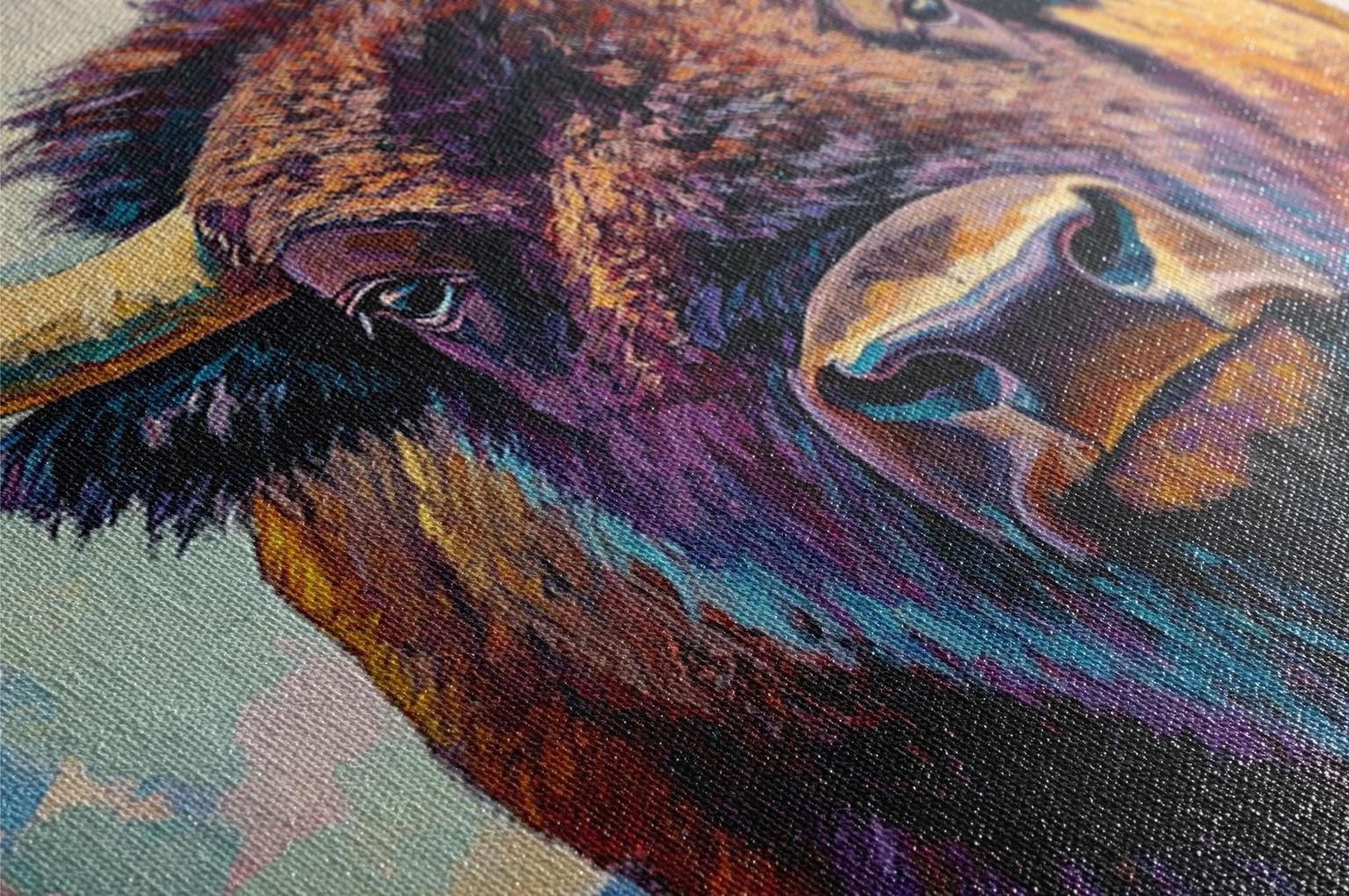 The image is a close-up of a painting depicting a detailed and colorful depiction of a bison's head.