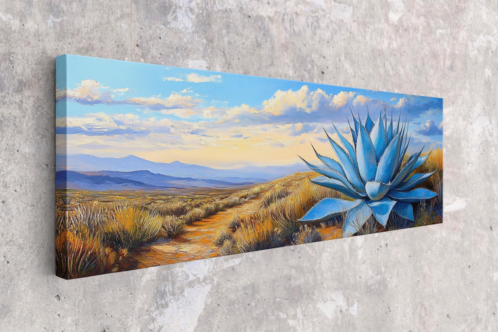 a painting of a blue flower on a wall