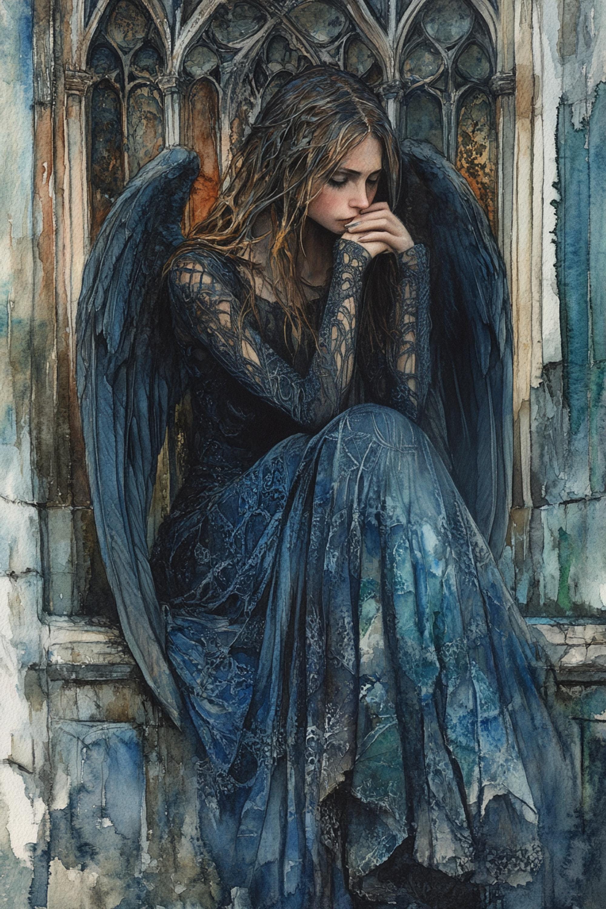 A woman with long hair and wings sits in a window, her hands clasped together in a pensive pose.