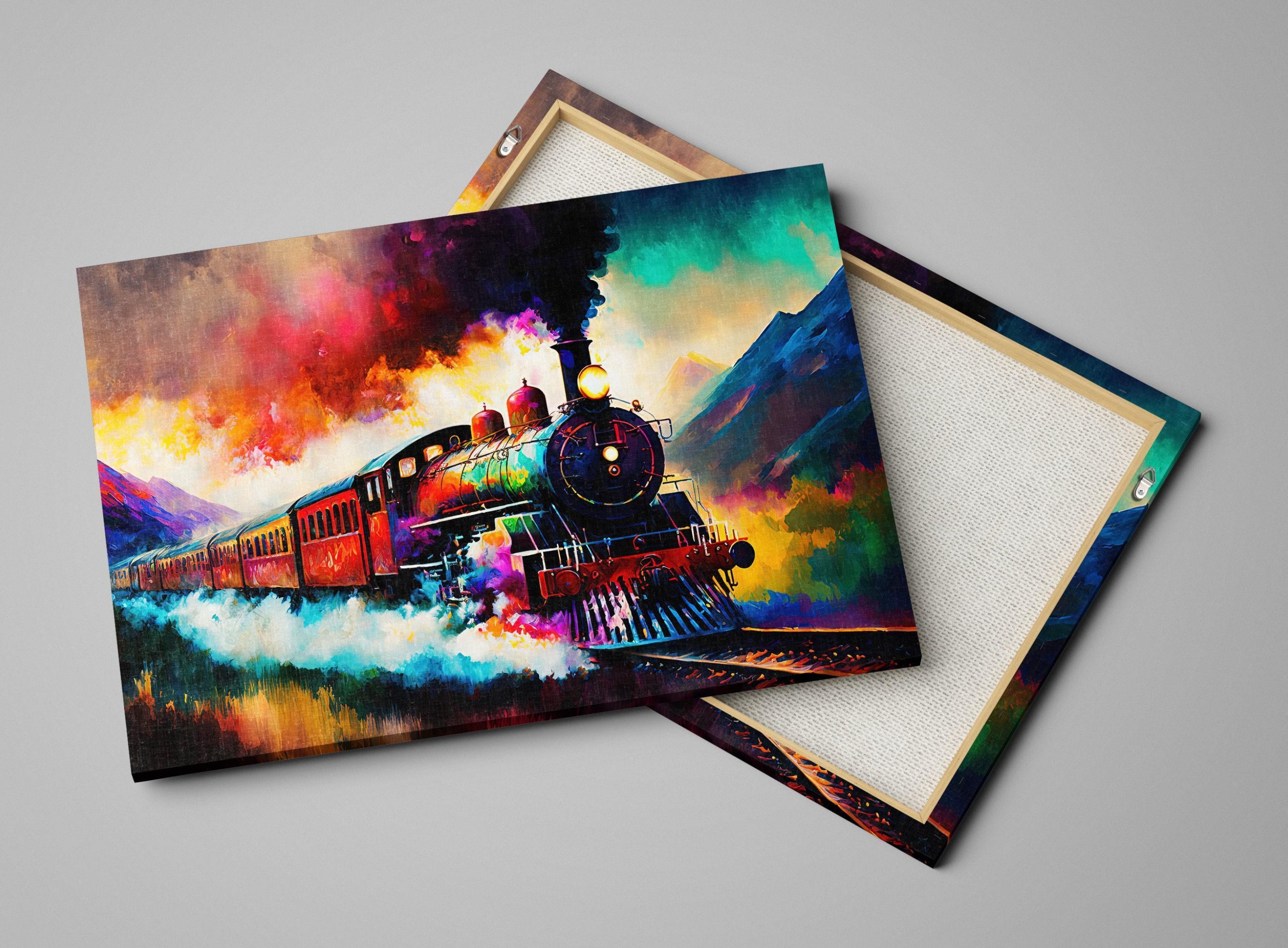 a vibrant, colorful train in motion, with a striking red and blue locomotive pulling a series of passenger cars through a scenic landscape with mountains in the background.