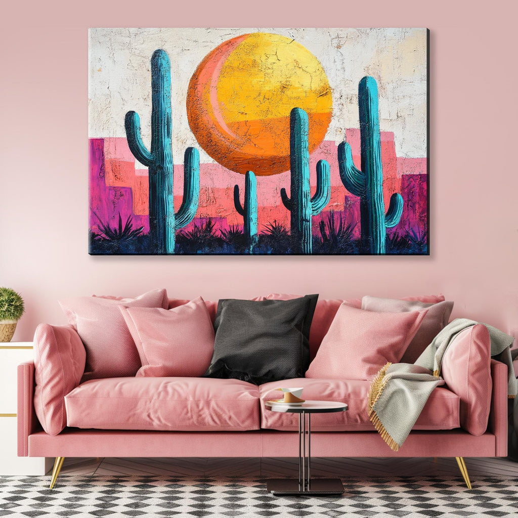 a living room with a pink couch and a painting on the wall
