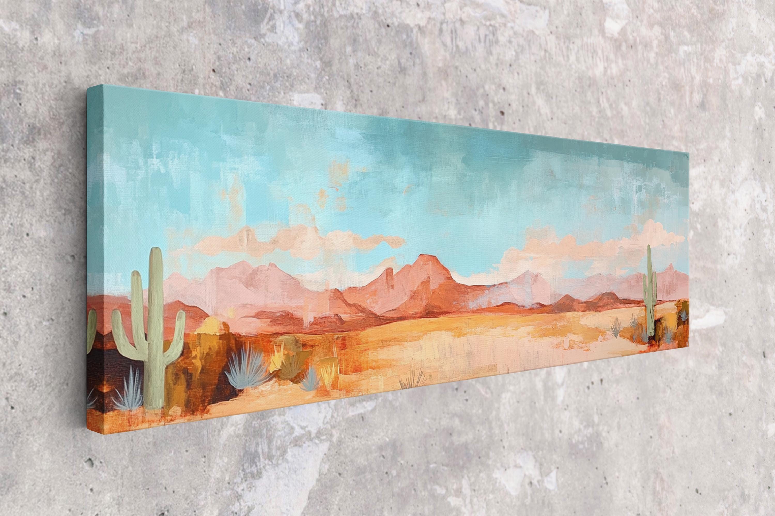 a painting of a desert scene with mountains in the background