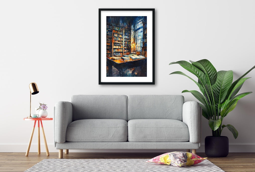 a cozy living room with a gray sofa, a framed painting of a bookshelf, a small table with a lamp, and a potted plant.