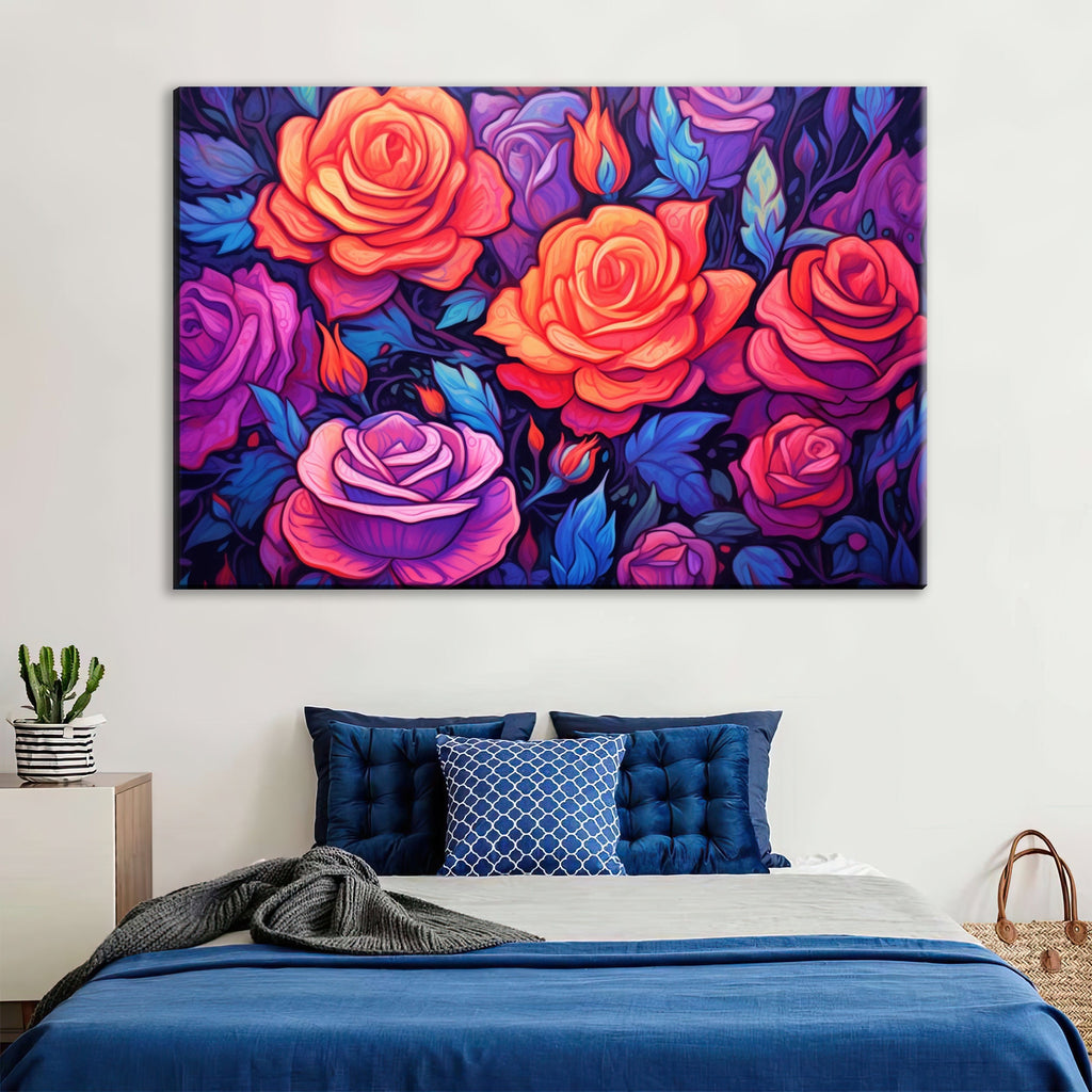 Canvas Wall Art – Neon Roses Floral Wall Decor on Large Gallery Ready Canvas Print