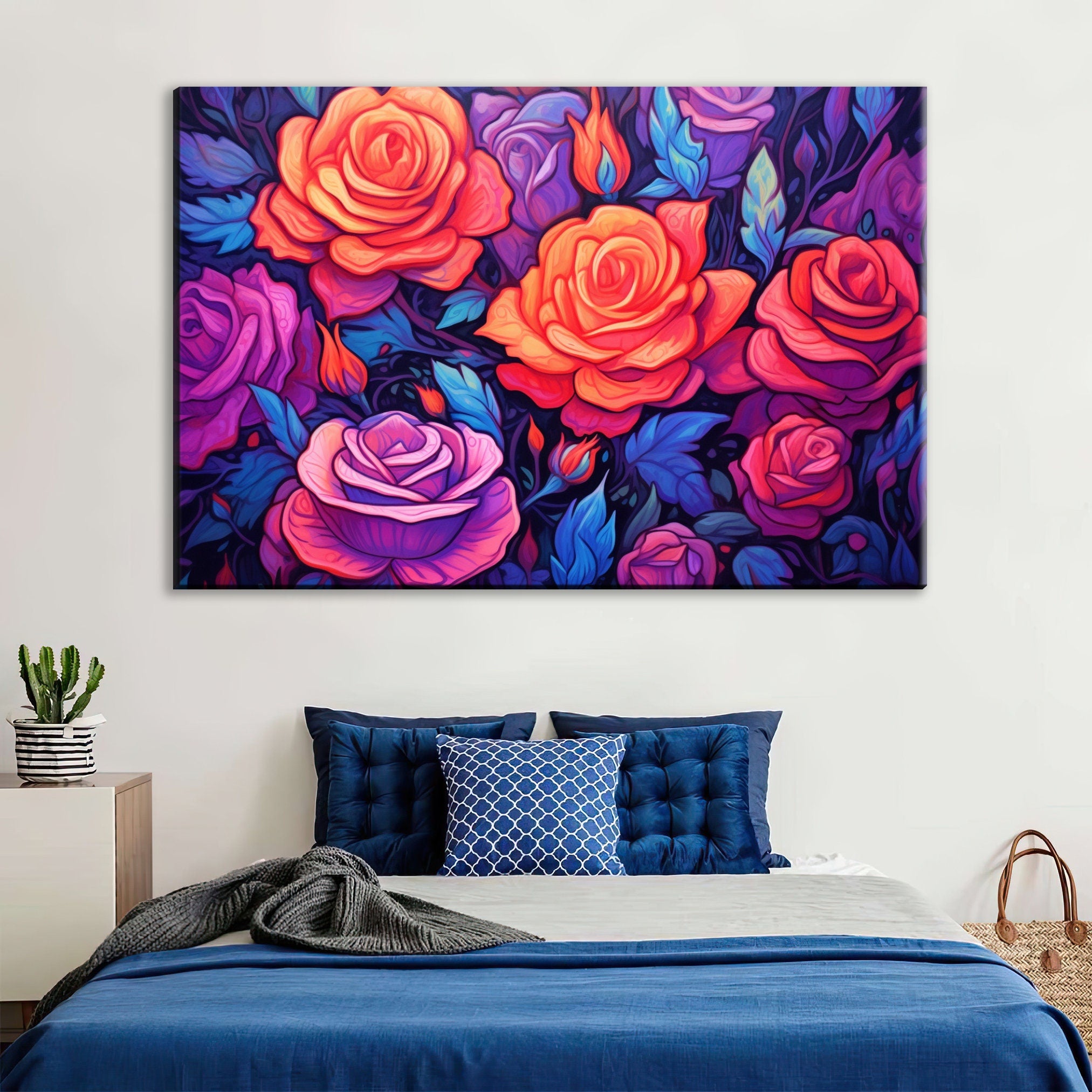 Canvas Wall Art – Neon Roses Floral Wall Decor on Large Gallery Ready Canvas Print