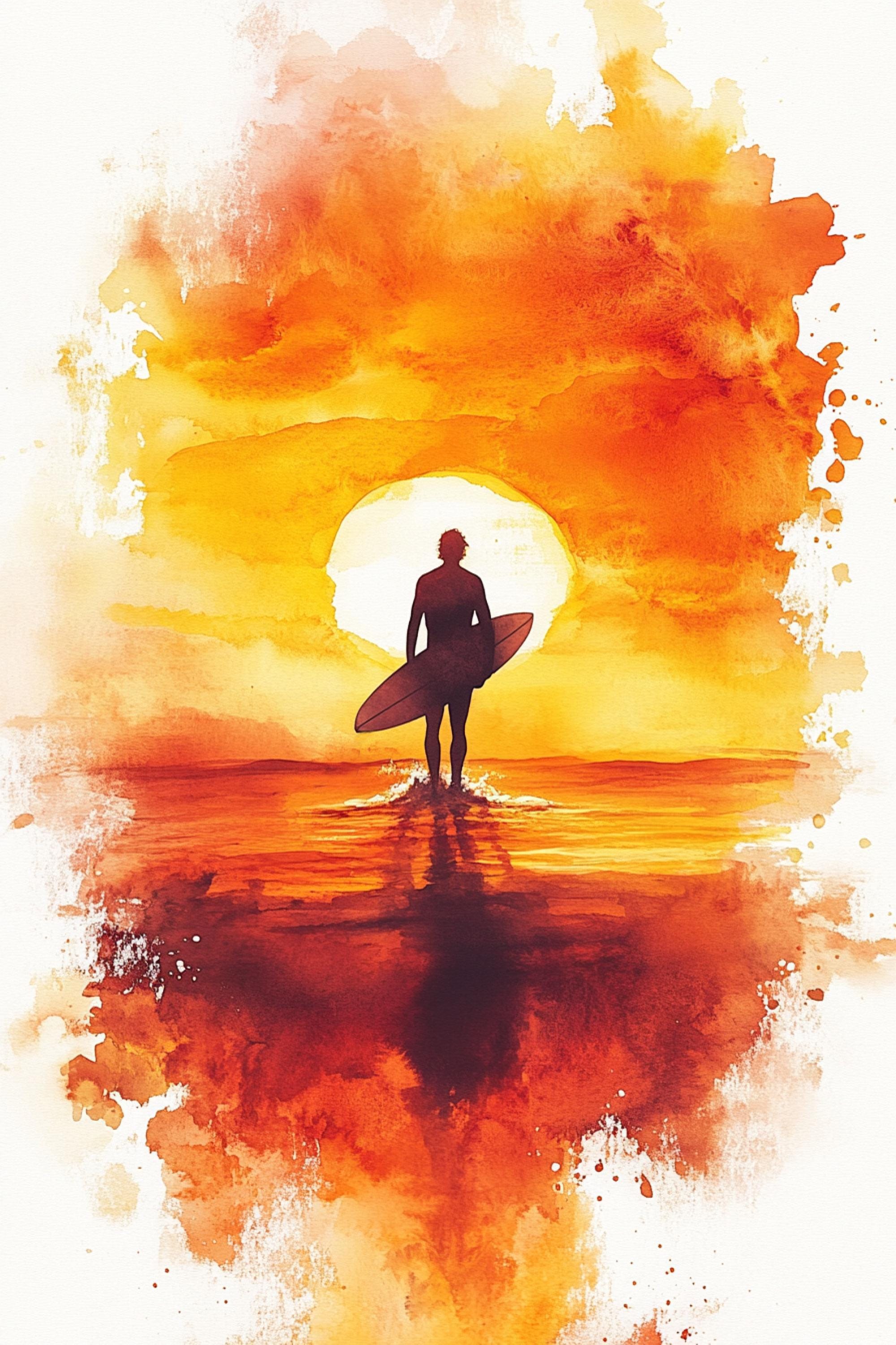 A surfer stands on the beach, silhouetted against a vibrant sunset sky, holding a surfboard.