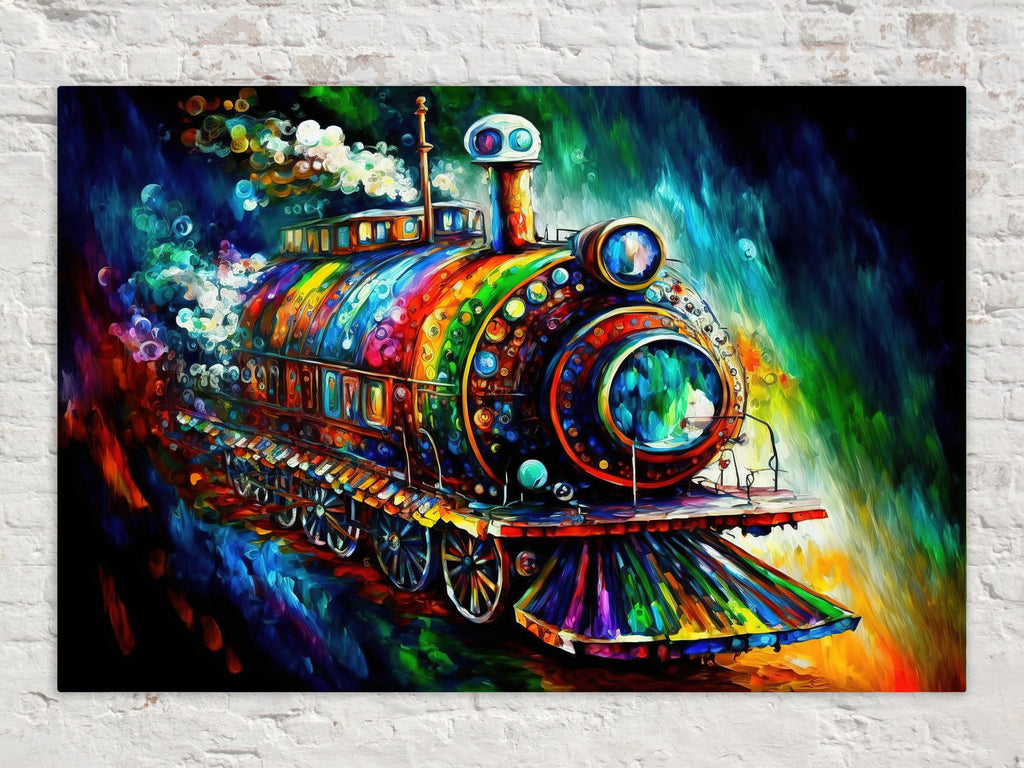 Steampunk Train Art – Colorful Locomotive Canvas with Vibrant Steam Engine Artwork