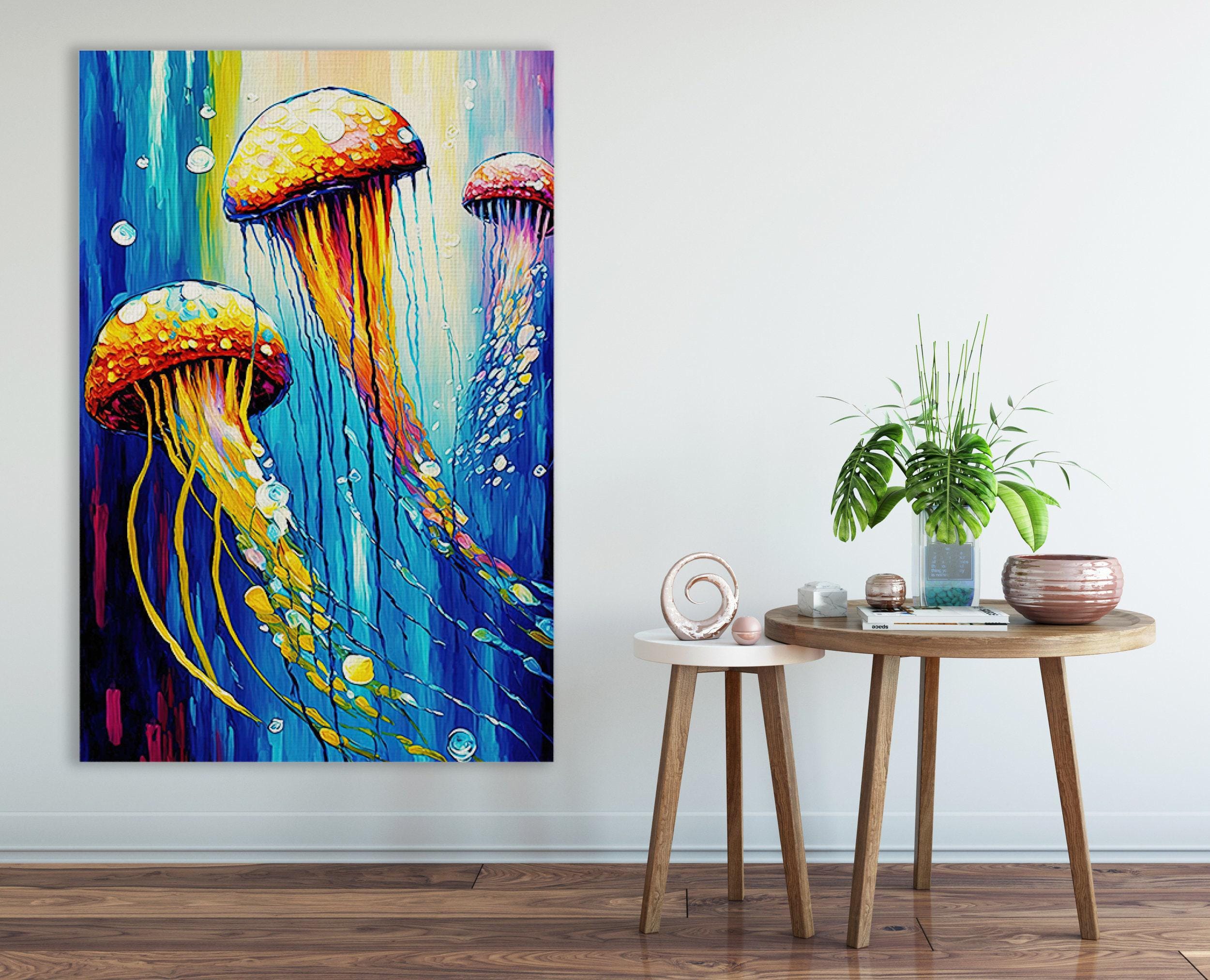 Jellyfish Art Print – Vibrant Trio Jellyfish Painting on Underwater Canvas