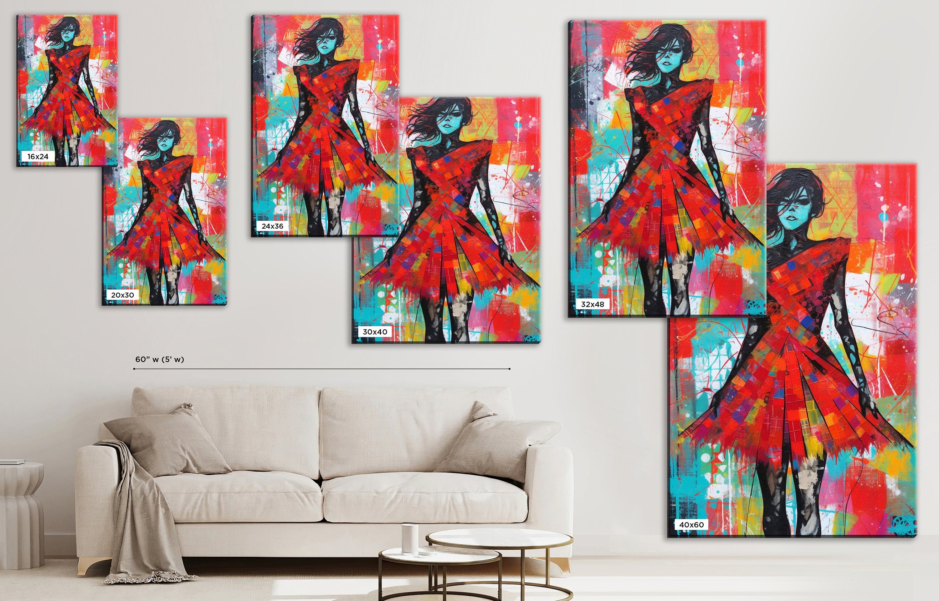 Red Dress Canvas Art | Contemporary Pop Art Painting - Female Home Decor
