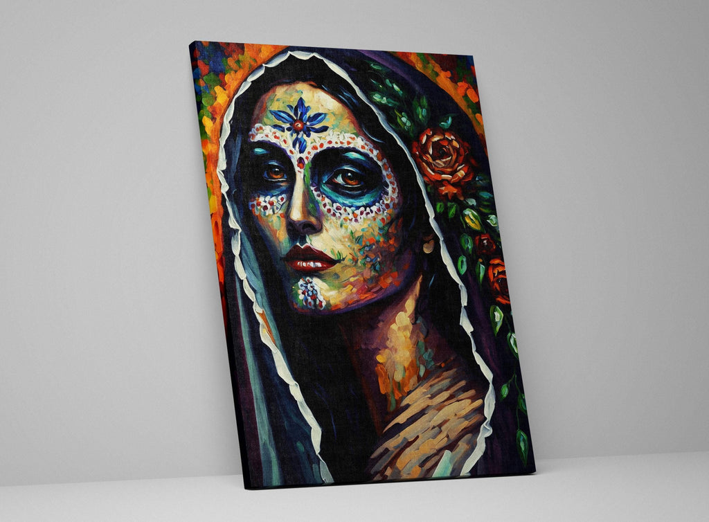 The image is a colorful painting depicting a woman's face with intricate Day of the Dead-inspired makeup and floral elements.