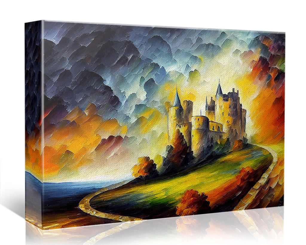 Castle Canvas Wall Art – Fantasy Oil Painting with Vibrant Colorful Decor