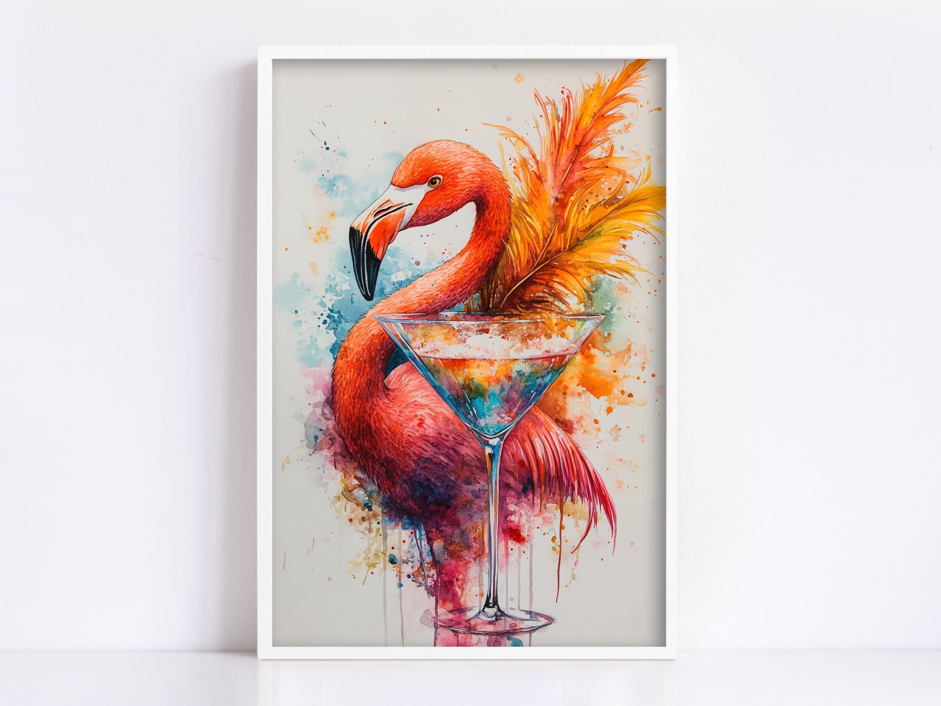 A vibrant painting of a flamingo standing next to a martini glass, with splashes of color and a lively, energetic composition.