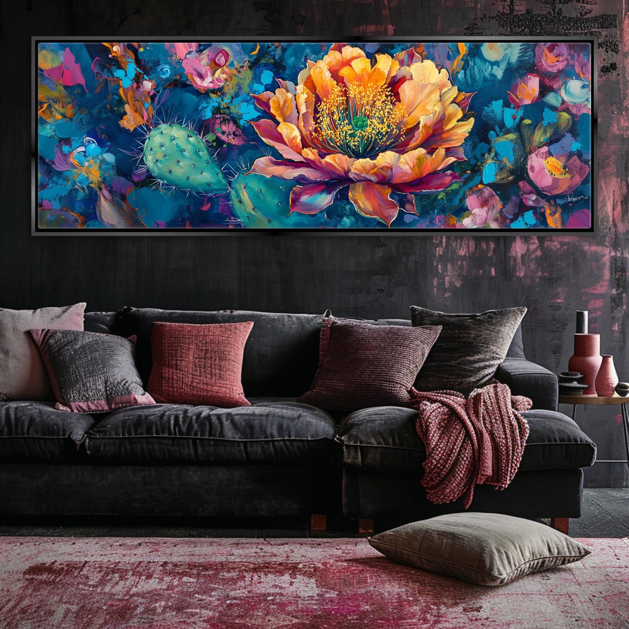 Southwest Cactus Wall Art – Panoramic Framed Gallery Wrapped Canvas, Large Saguaro Print