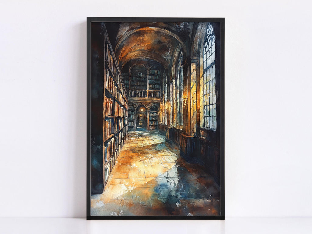 a grand library with a long, arched hallway lined with bookshelves on both sides. The walls are adorned with large windows that allow natural light to flood the space, creating a warm and inviting atmosphere.