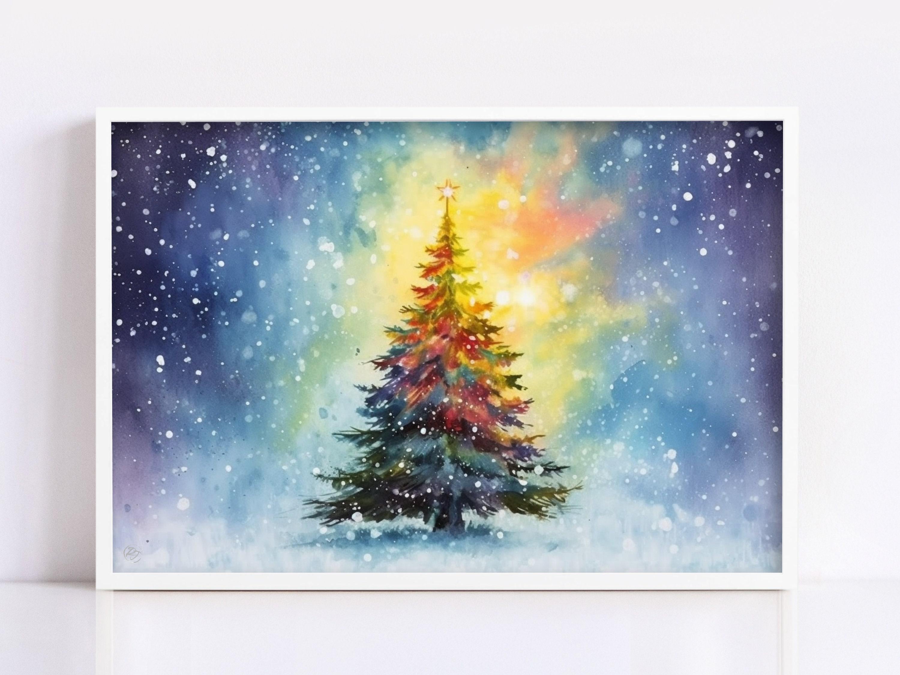 Joyful Holiday Tree Watercolor - Christmas Wall Art, Giclee Print on Canvas, Artist Paper, Watercolor Paper, Available in Extra Large Sizes