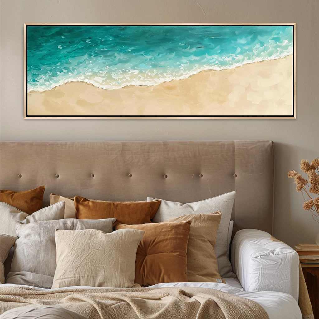 a bed with a large painting on the wall above it