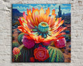 A vibrant painting of a desert landscape, featuring a large, colorful flower surrounded by various cacti and succulents.