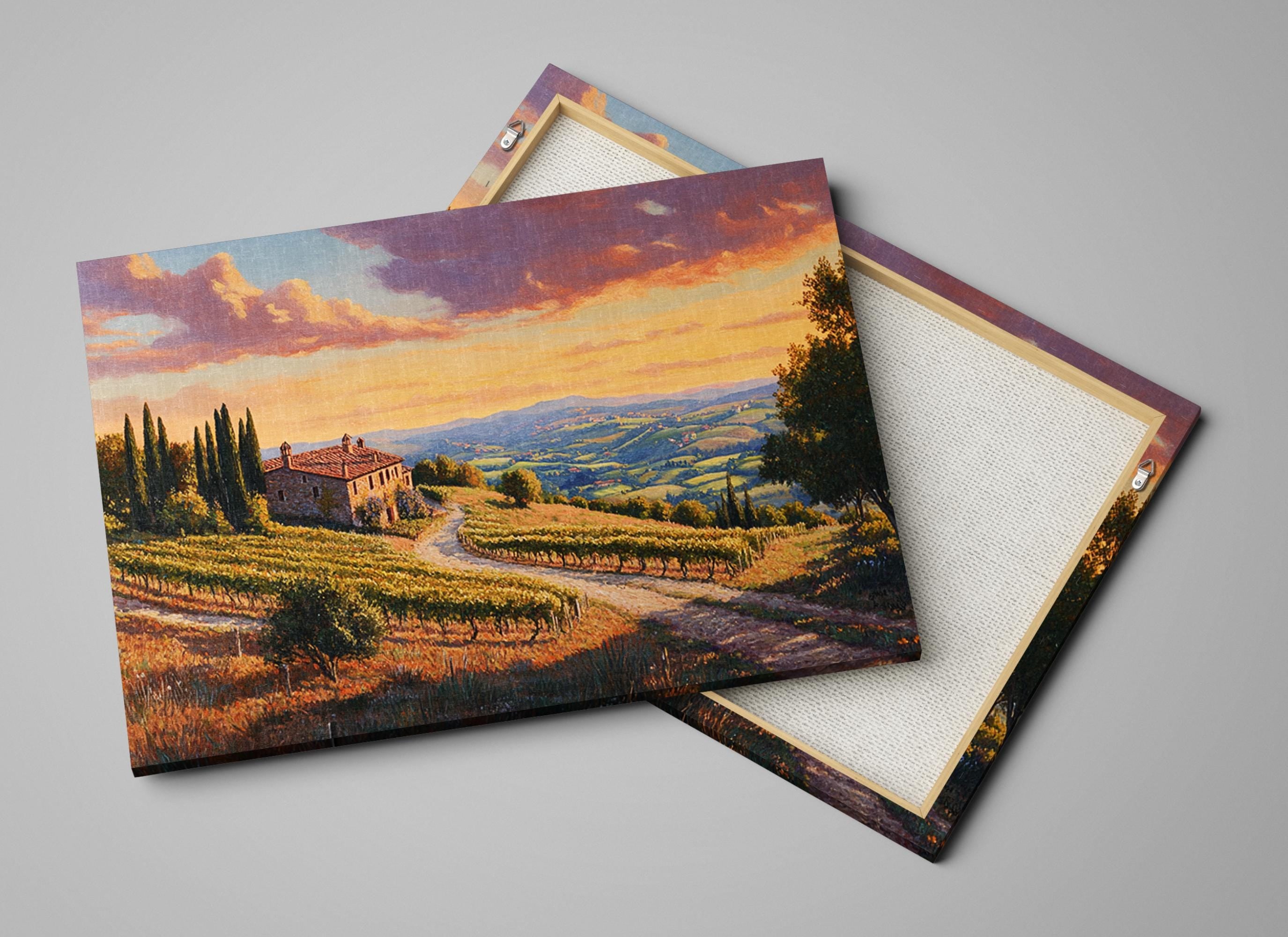 two paintings of a country road and a house