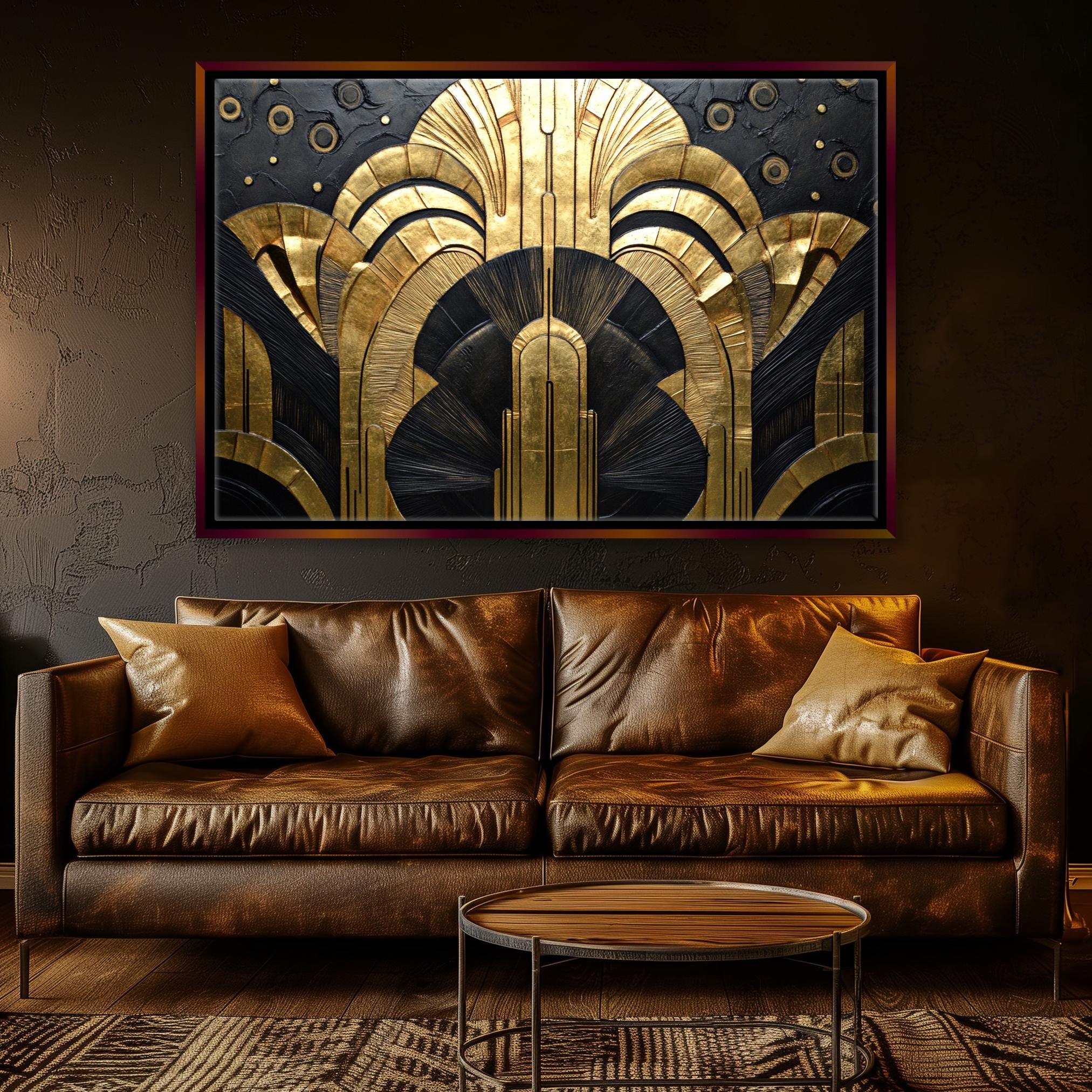 a living room scene with a couch and a coffee table