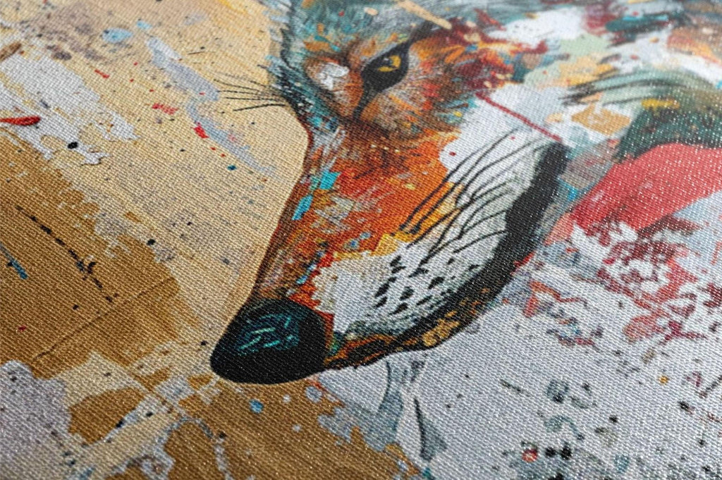 The image is a close-up of a colorful, abstract painting depicting a wolf's face.