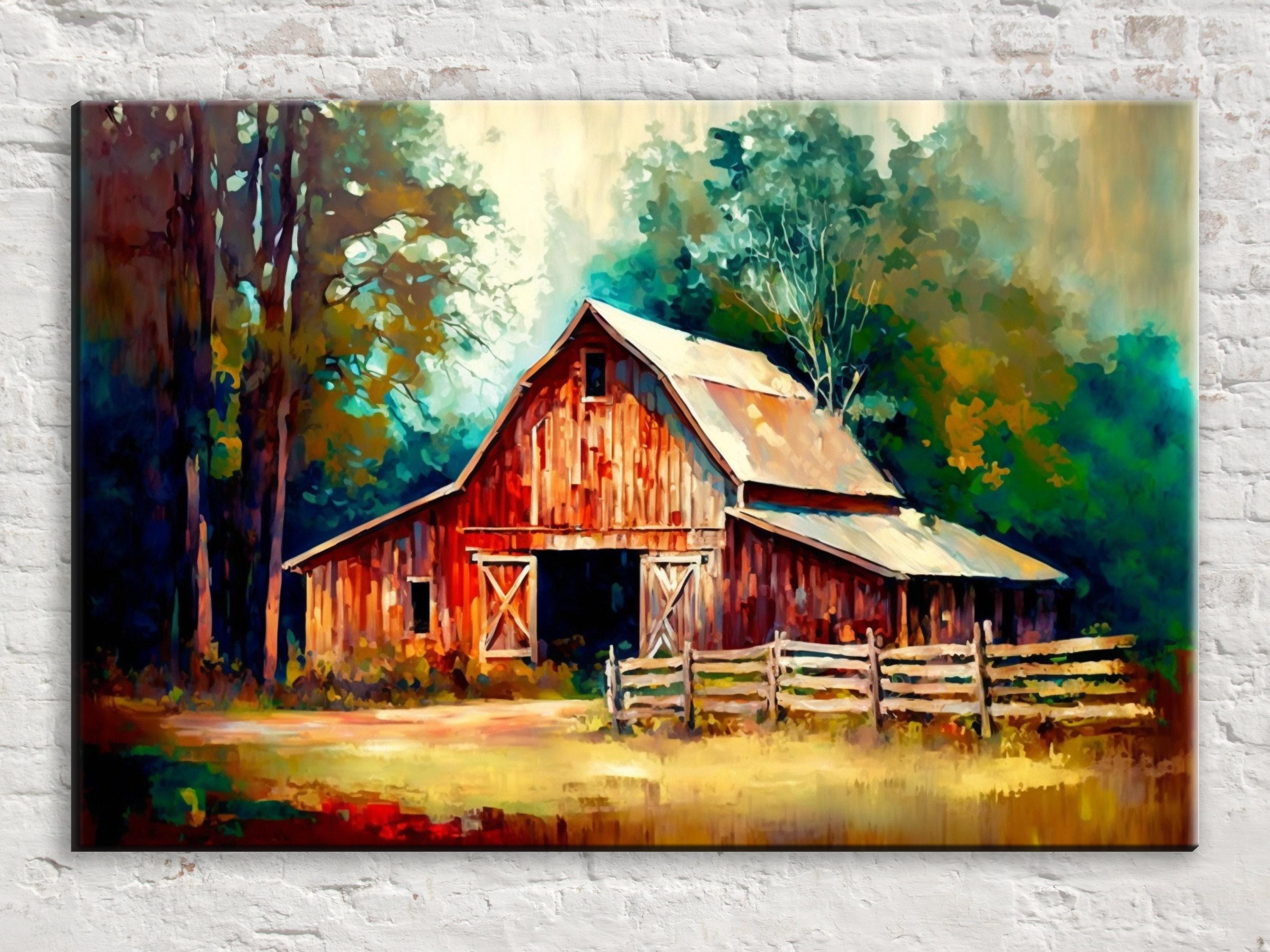 Farmhouse Canvas Art - Large Canvas Print | Rustic Style Art with Old Red Barn