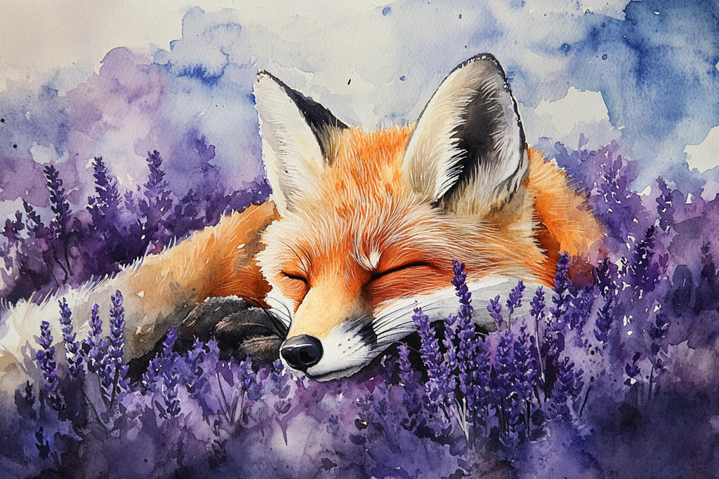 A sleeping fox rests peacefully in a field of purple flowers.