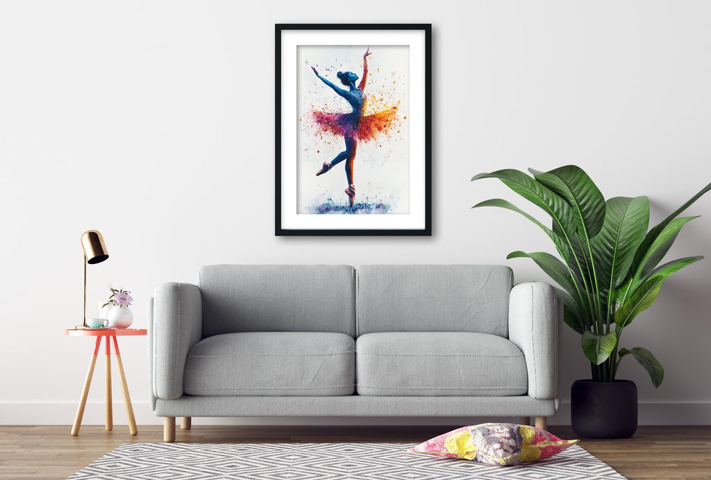 a gray sofa, a framed painting of a ballerina, a small table with a lamp, and a potted plant, all arranged in a living room setting.