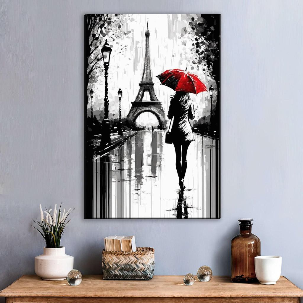Paris Street Canvas – Woman with Red Umbrella | Black and White Art with Touch of Red