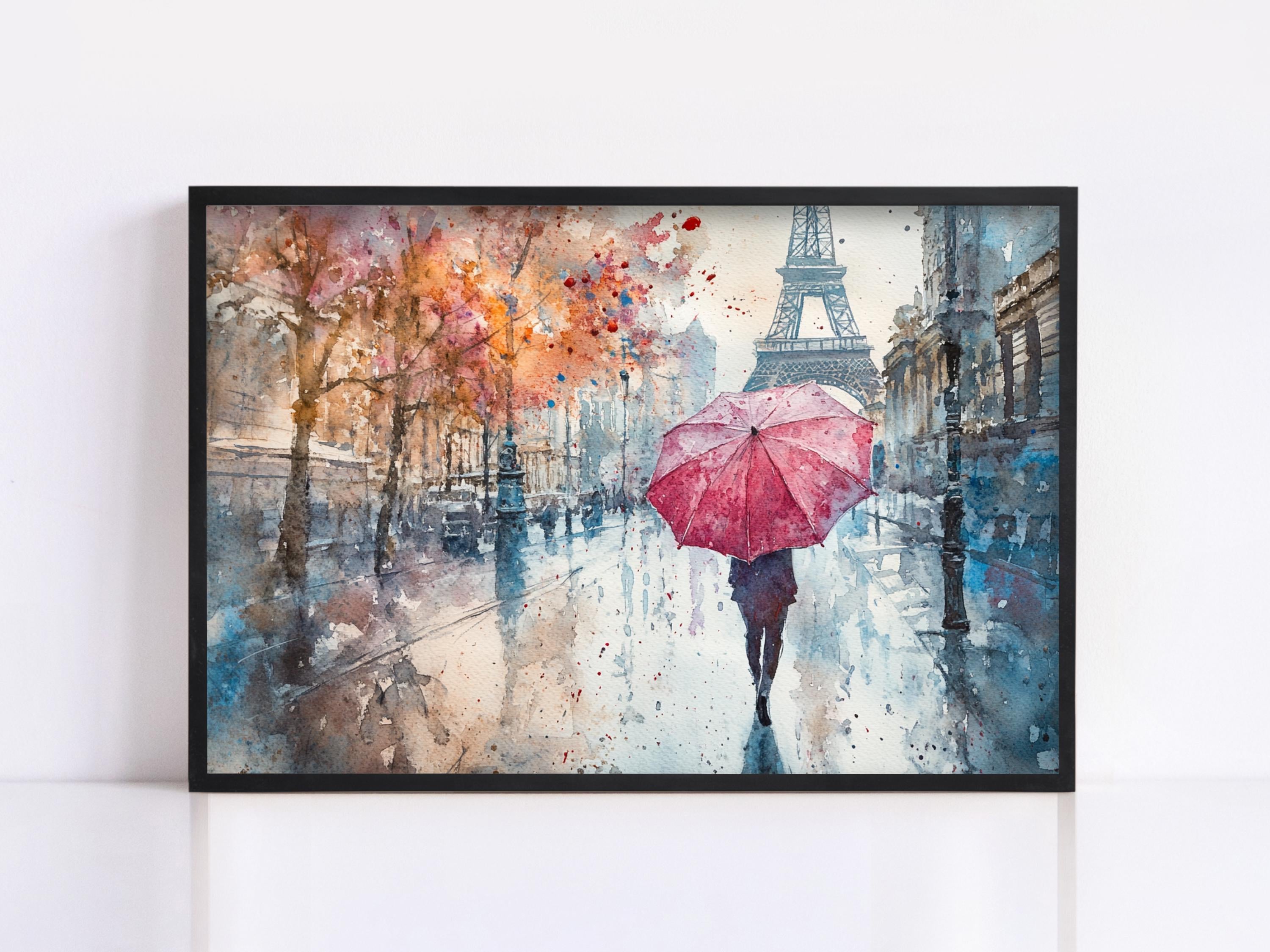 A watercolor painting depicting a person walking down a rainy street with a red umbrella, surrounded by colorful autumn foliage and the Eiffel Tower in the background.